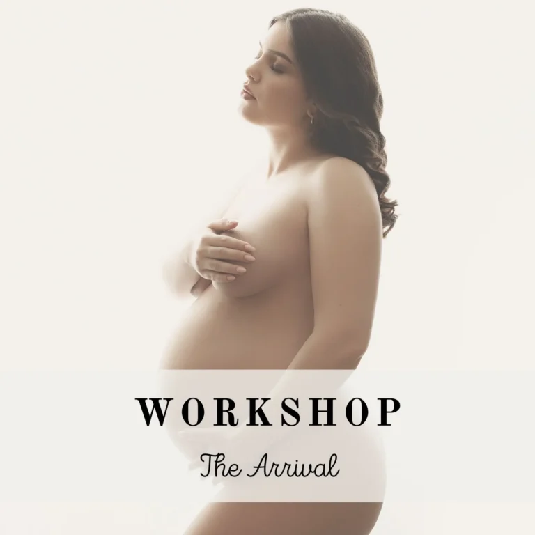 Fotografia artística de uma grávida de perfil em contraluz suave, destacando a silhueta da barriga. A imagem apresenta o texto "WORKSHOP The Arrival" e é utilizada na divulgação da academia de fotografia para profissionais da Sofia de Melo.