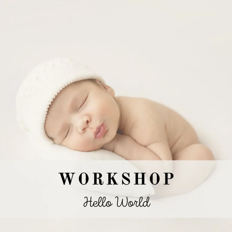 Fotografia de um bebé recém-nascido a dormir de perfil sobre um posicionador branco, usando uma touca de malha. A imagem contém o texto promocional "WORKSHOP Hello World" da Sofia de Melo, servindo de capa para um workshop de fotografia para iniciantes.